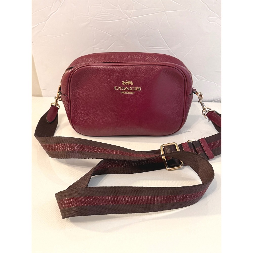 Coach Burgundy Pebbled Leather Camera Bag Crossbody with Webbed Strap